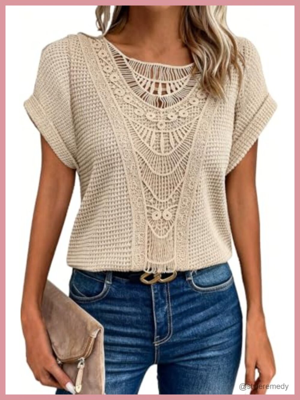 Womens Lace Waffle Knit Short Sleeve Tunic Top Boho Crochet Blouse
